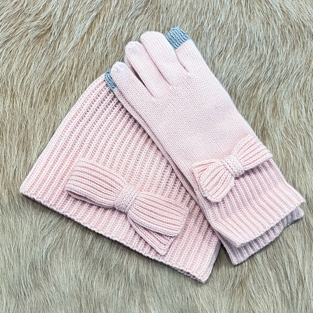 Kate spade pink Knit Hat and Gloves Set with Bows